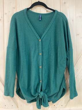 Iwollence Waffle Knit V-Neck Button Up Tie Front Top Size S Green